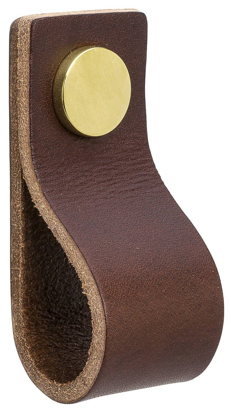 LÅDHANDTAG LOOP BESLAG DESIGN BRUNT LÄDER MÄSSING DETALJ